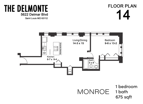 Floor plan for 1 bed, 1 bath, 675 sqft